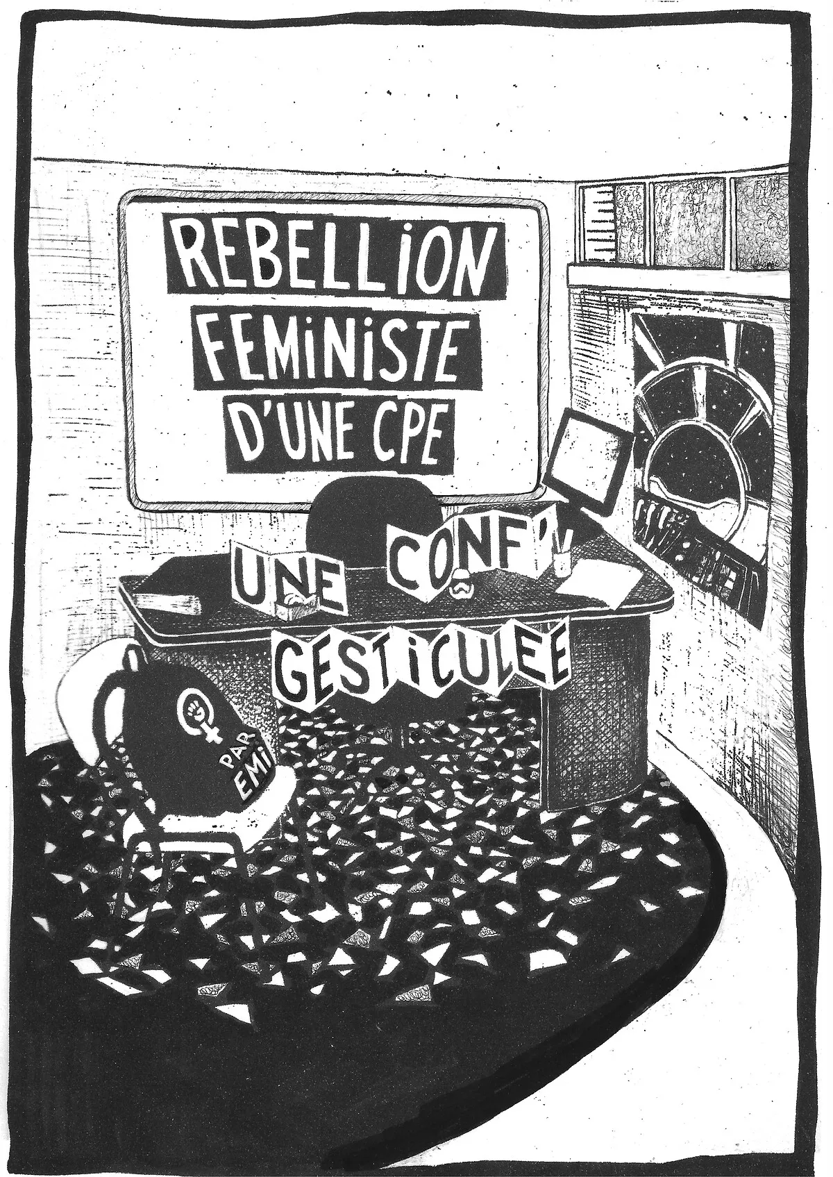 Affiche de la conférence gesticulée : un bureau de CPE dessiné à l’encre, le titre affiché au mur