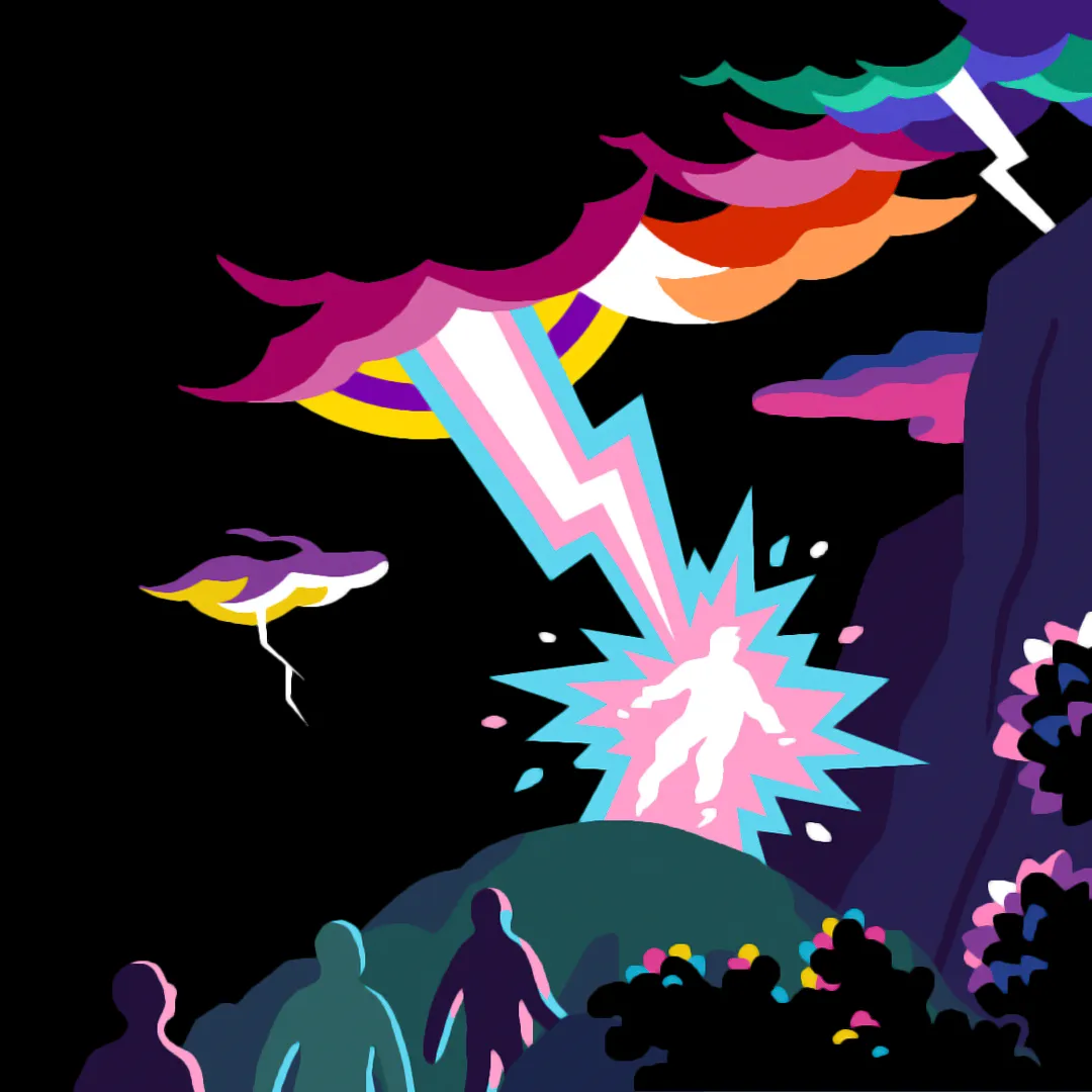 Illustration : un éclair multicolore frappe une silhouette entourée d’une foule