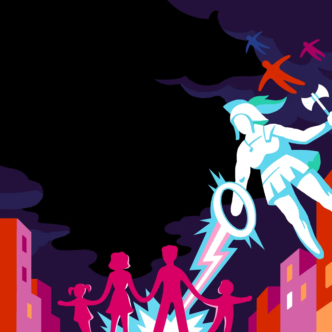 Illustration : la famille en silhouettes roses de la Manif pour tous, frappée par un éclair lancé du ciel par une figure casquée