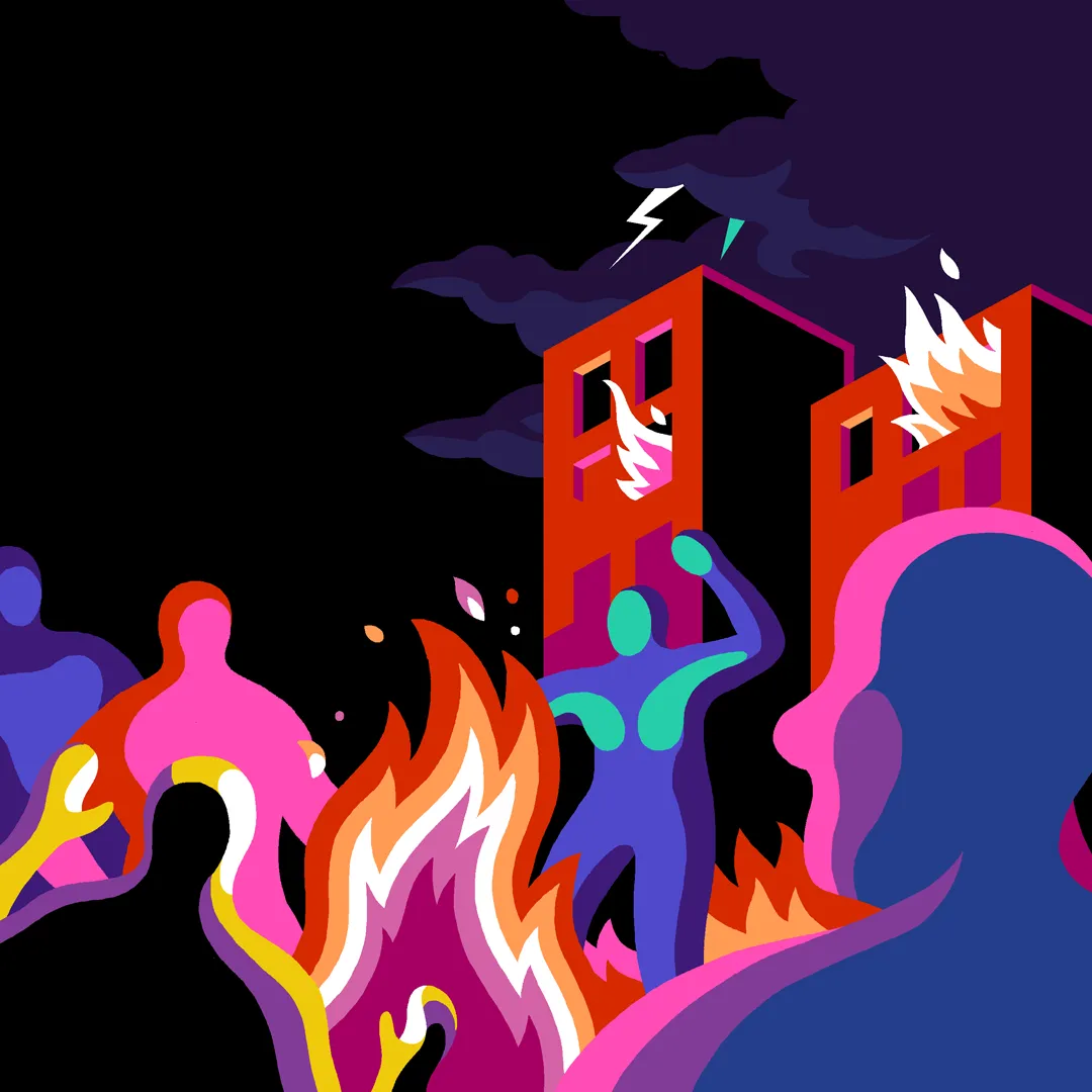 Illustration : des silhouettes colorées se rassemblent devant une ville en flammes