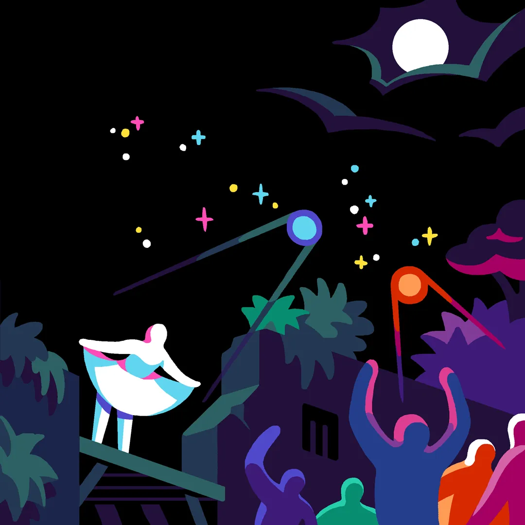 Illustration : une scène sous la lune, guirlandes et foule aux bras levés